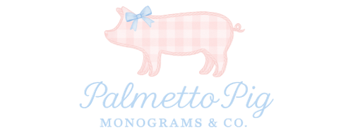 Logo of Palmetto Pig Monograms & Co. featuring a pink pig with a blue bow on a white background.